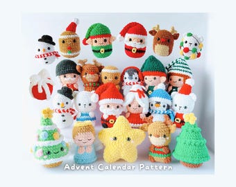 May include: A collection of twenty-four small, crocheted Christmas-themed figures including snowmen, reindeer, elves, Santa Claus, penguins, angels, a star, and Christmas trees. The text "Advent Calendar Pattern" is printed at the bottom.