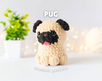 May include: A beige and black crochet pug plush toy with black ears, a black muzzle, dark eyes, and a small pink tongue. The text PUG and no-sew crochet pattern are visible in white lettering above and below the plush toy respectively.
