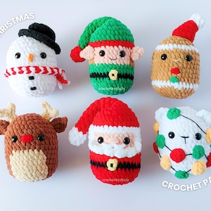 May include: A collection of six handmade crochet Christmas ornaments. The ornaments include a snowman, elf, gingerbread man, reindeer, Santa, and a bear with lights. The word "Christmas" is written above the snowman, and "Crochet Pattern" is written on the bottom right.