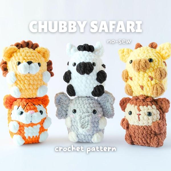 Chubby Safari Crochet Pattern - No-Sew Amigurumi Bundle – 6 Animals (PDF)