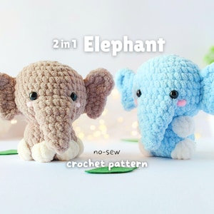 Patrón de elefante amigurumi de ganchillo sin costuras - Animal de safari (2 en 1 - PDF)