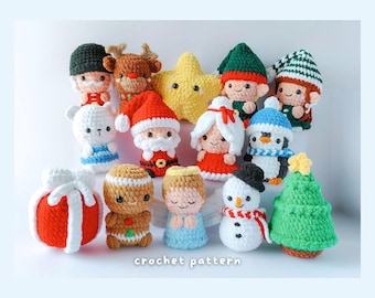 May include: A collection of small, handmade crochet figures featuring holiday themes including a Santa Claus, reindeer, snowman, penguin, gingerbread person, angel, Christmas tree, star, gift box, and elf, with the text crochet pattern below.