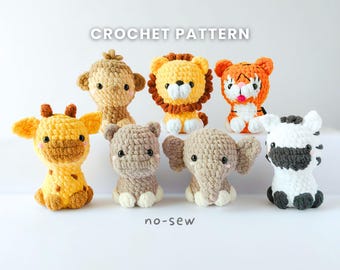 No-Sew Safari Tiere Häkelanleitung - Amigurumi PDF (7 in 1)