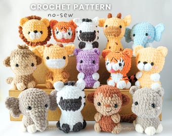 May include: A collection of crocheted animal toys, including a lion, tiger, zebra, giraffe, elephant, bear, and monkey. The toys are in various colors, such as orange, yellow, purple, and gray. The text "CROCHET PATTERN no-sew" is displayed at the top.
