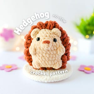 May include: A handmade, no-sew crochet hedgehog. The hedgehog has a light beige face and a brown spiky back. It sits on a white crocheted base. The words "Hedgehog" and "crochet pattern" are written on the image.