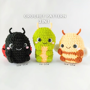 May include: Three crocheted toy creatures: a black ladybug with red accents, a green caterpillar, and a yellow and brown bee. The toys have smiling faces and are labelled "CROCHET PATTERN 3 IN 1".