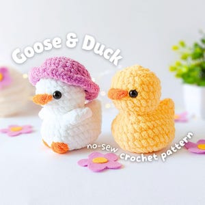 May include: Two crocheted amigurumi animals: a white goose wearing a pink hat and a yellow duck. Both have orange beaks and black eyes. The text "Goose & Duck" and "no-sew crochet pattern" are visible.