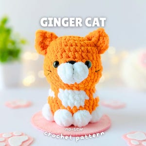May include: A crocheted ginger cat plush toy with orange and white yarn, black safety eyes, and a white muzzle. The text GINGER CAT is at the top, and no-sew crochet pattern is at the bottom. The cat sits on a round pink felt base.