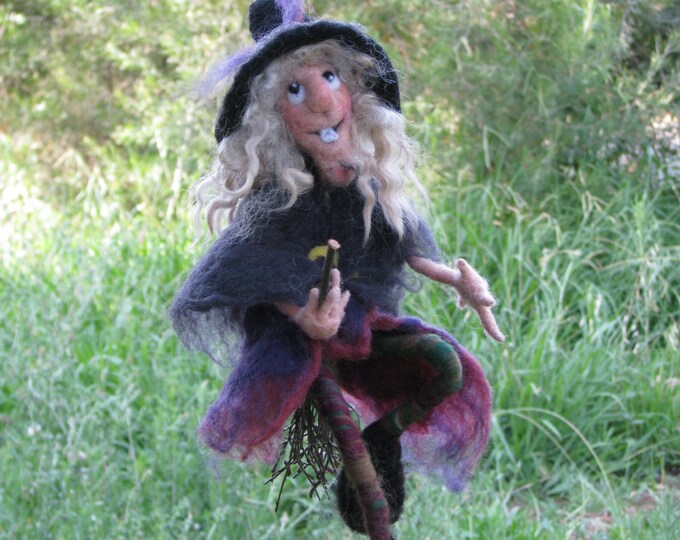Halloween Witch on Broomstick Needle Felted Art Doll Halloween Etsy