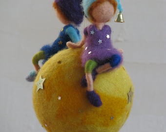 Waldorf inspired needle felted nursery mobile Home decor - Sitting on a star