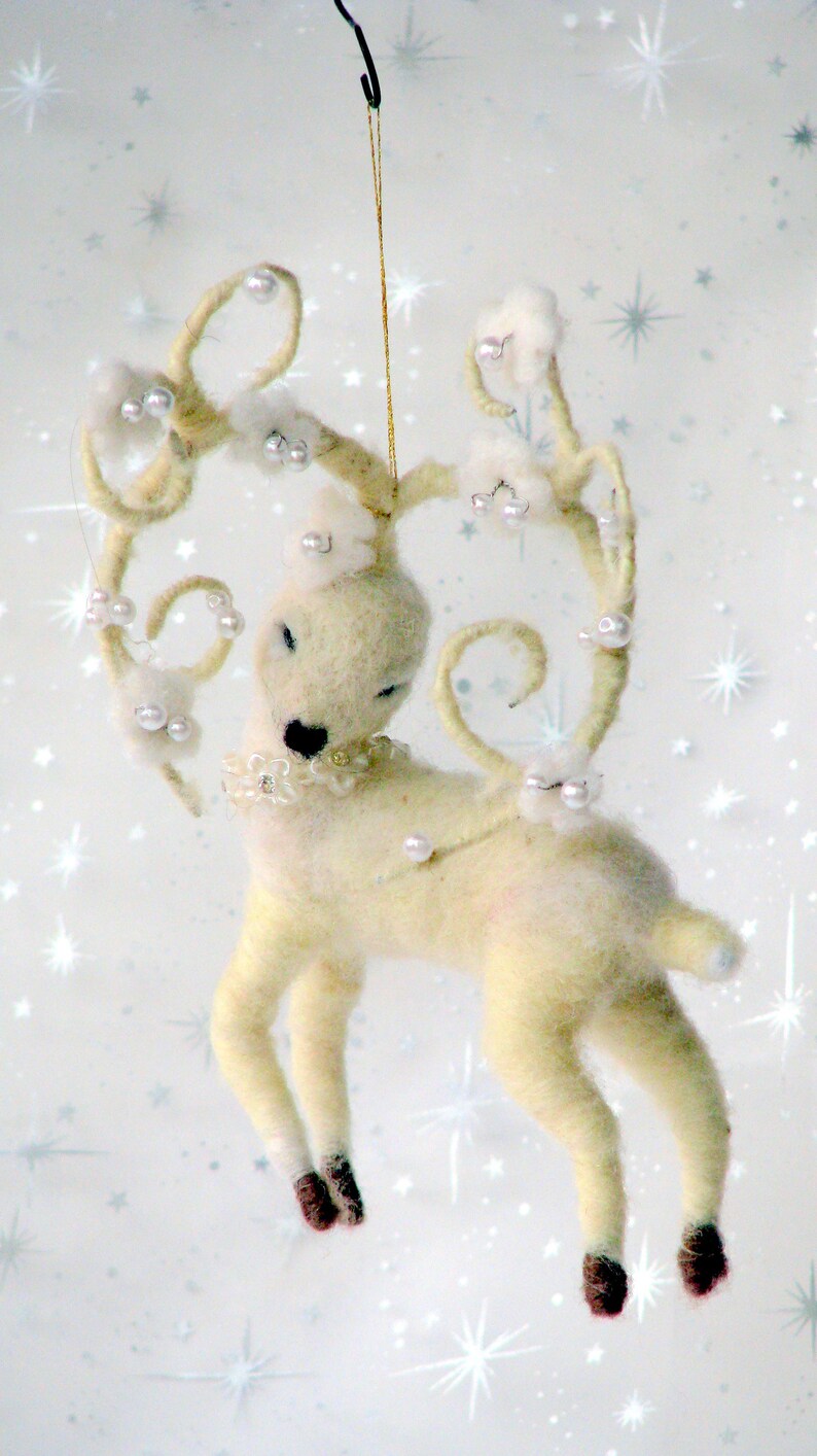 White deer Christmas Ornament Needle felted Waldorf inspired Etsy