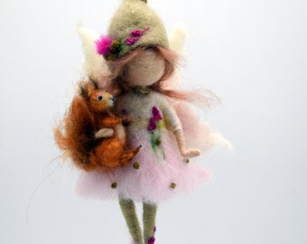 Needle Felted Fairy with Squirrel - Christmas Tree or Home Decoration