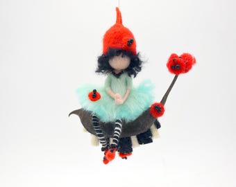 Needle Felted Fairy Ornament – Red Poppy