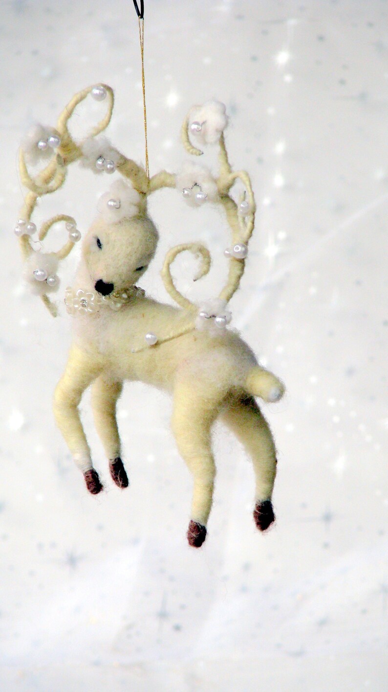 White deer Christmas Ornament Needle felted Waldorf inspired Etsy