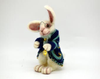 Needle Felted White Rabbit Christmas Ornament: Alice in Wonderland Decor
