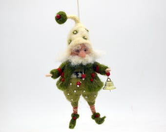 Whimsical Needle-Felted Forest Boy on Kiwi Twig – OOAK Art Doll mobile