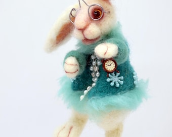 White Rabbit Christmas Ornament – Needle Felted  Alice in Wonderland Character