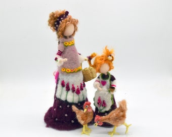 Needle-Felted Spring Decoration - Mom, Daughter, and Chickens