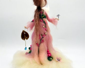 Handcrafted Needle Felted Rose Doll - Shades of Pink Wool with Mohair Hair