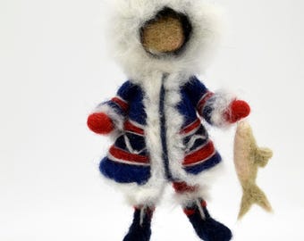 Needle-Felted Arctic child with Fish – Handmade Christmas Ornament (Made to Order)