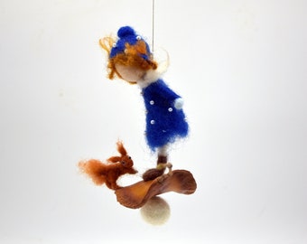 Christmas ornament Doll with red squirrrel Needle felted ornament Waldorf inspired doll