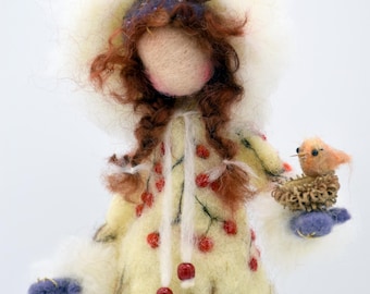Needle-Felted Winter Doll Feeding Robin