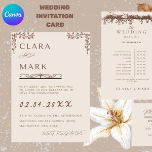 Tarjeta de invitación de boda: tarjeta de invitación imprimible, itinerario de boda, tarjeta de confirmación de asistencia, plantilla con temática marrón y beige / plantilla de Canva / imprimibles