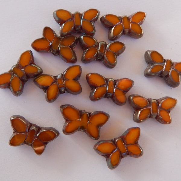 2 Beads - 20x12mm Table Cut Butterfly, Milky Orange, Amber Picasso - Czech Glass