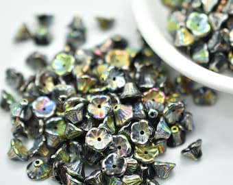 25 Beads - 7x5mm Bell Flower Cup Jet Full Vitrail - Czech Glass