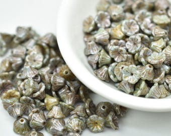 25 Beads - 7x5mm Bell Flower Cup Chalk Blue Luster Czech Glass