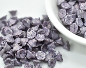 25 Beads - 7x5mm Bell Flower Cup Chalk Lilac Vega Luster Czech Glass