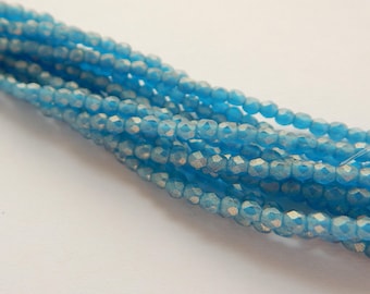 100 Beads - 2mm Fire Polished Faceted Sueded Gold Capri Blue Czech Glass