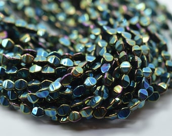 50 Beads - 5x3mm Pinch Green Iris Czech Glass