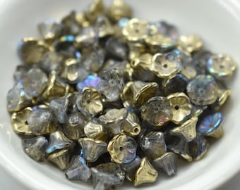 7x5mm Bell Flower Cup Crystal Golden Rainbow, 25 Beads Czech Glass