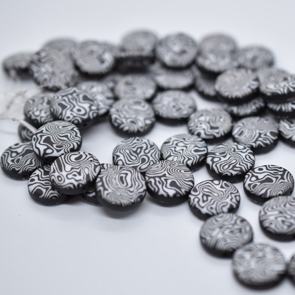 4 Beads - 14mm Coin, 2-Hole, Black White Laser Contour, Czech Glass