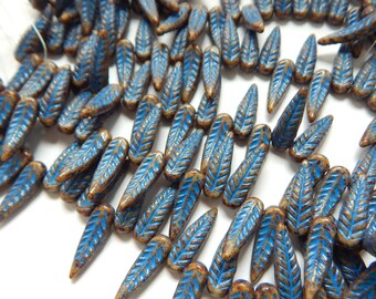 GOLDEN CREAM FEATHERS . 6330-10 10 Premium Picasso Czech Glass Bird Feather Beads 5x17mm