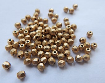 100 Beads - Firepolish 3mm Czech Glass - Matte Metallic Aztec Gold