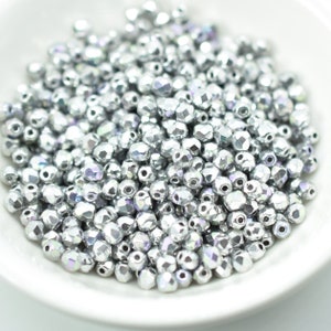 100 Beads - Fire Polished Faceted 3mm - Crystal Glittery Silver - Czech Glass