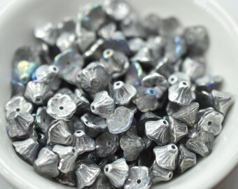 7x5mm Bell Flower Cup Crystal Silver Rainbow, 25 Beads Czech Glass