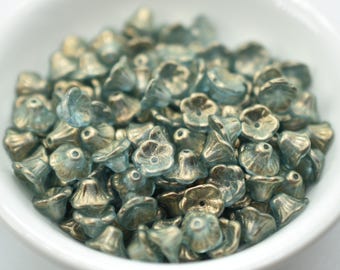 7x5mm Bell Flower Cup Golden Touch Sky, 25 Beads Czech Glass