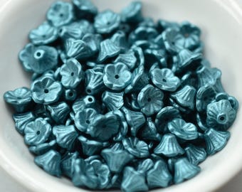 7x5mm Bell Flower Cup Pastel Emerald, 25 Beads Czech Glass