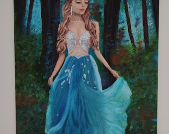 Enchanting Woman Oil Painting: Mystical Forest, Flowing Blue Dress