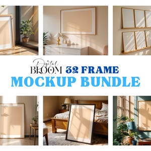 Puede incluir: Un paquete de maquetas con 32 marcos que se muestran en varios entornos interiores. Las imágenes muestran obras de arte enmarcadas en habitaciones como una sala de estar y un dormitorio. Los marcos tienen una paleta de colores neutros, con el texto "Digital Bloom 32 Frame Mockup Bundle".
