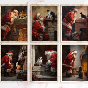 Può includere: Un set di sei stampe artistiche incorniciate raffiguranti Babbo Natale che interagisce con gatti e un cane. I dipinti mostrano Babbo Natale nel suo abito rosso e barba bianca, con vari animali in un ambiente accogliente. Stile vintage.