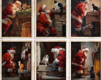 Set de descarga digital navideña de Papá Noel y gatos, láminas artísticas vintage de Papá Noel y gatos, decoración navideña adorable para la pared, arte imprimible para amantes de los gatos