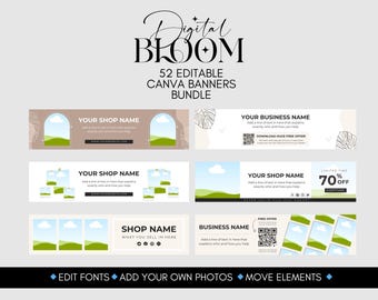 Paquete de 52 banners editables para tienda de Etsy (plantillas de Canva). Banners personalizables. Plantillas de banners para Etsy. Plantillas de Etsy para Canva.