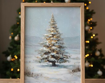 Descarga digital de árbol de Navidad vintage, lámina artística invernal nostálgica, pintura al óleo navideña clásica, decoración de pared navideña antigua