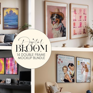 Op de afbeelding: Een mockup-bundel met 14 dubbele frames met diverse kunstdrukken. De afbeelding toont ingelijste kunst in verschillende omgevingen, waaronder een woonkamer met landschapsschilderijen, een hondenportret en een bureau met abstracte kunst. De tekst "Digital Bloom" is zichtbaar.