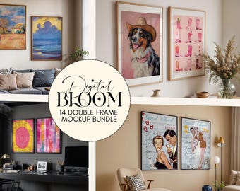 Paquete de 14 maquetas de dos marcos, 14 plantillas de marcos dobles para Photoshop, PSD de dos marcos para impresiones y obras de arte, maquetas dobles, diferentes escenas