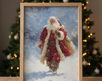 Descarga digital vintage de Papá Noel, pintura al óleo navideña clásica, lámina artística invernal nostálgica, decoración de pared navideña antigua, lámina de Papá Noel